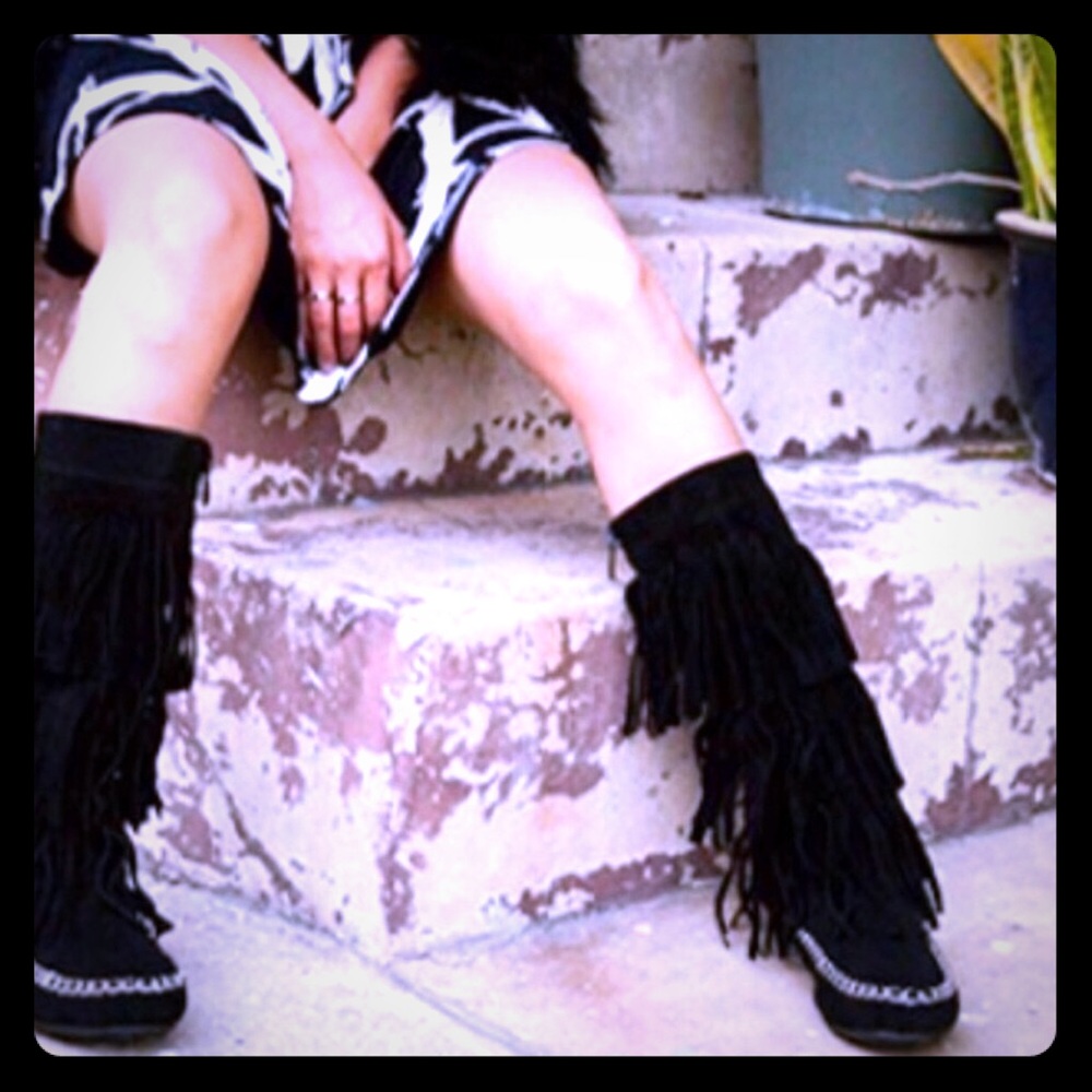 Black Fringe Moccasin Boots